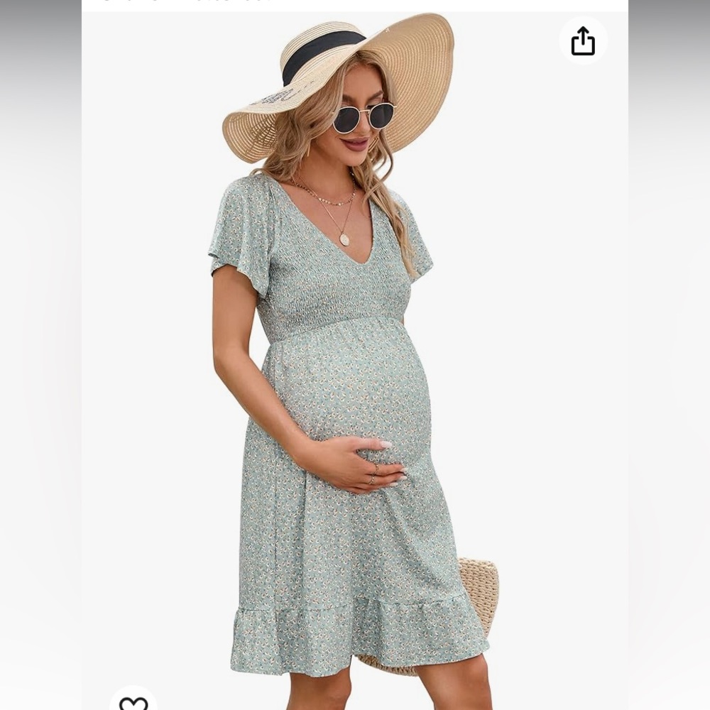 COOLMEE Maternity Short Sleeve Ruffle Dress.  Size S.  Green brown floral print.